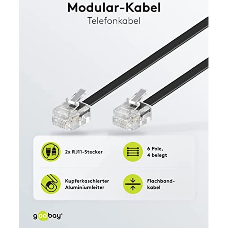 Goobay 50319 Modularanschlusskabel 10 Meter, Schwarz - RJ11-RJ14-Stecker (6P4C) auf RJ11-RJ14-Stecker (6P4C) – Bild 3