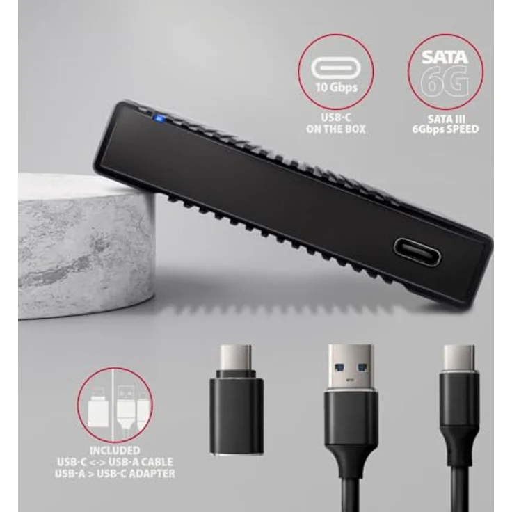 AXAGON EE25-GTR USB-C 3.2 Gen 2 - SATA 6G, 2.5" externes Festplattengehäuse, geriffelt - schwarz – Bild 6