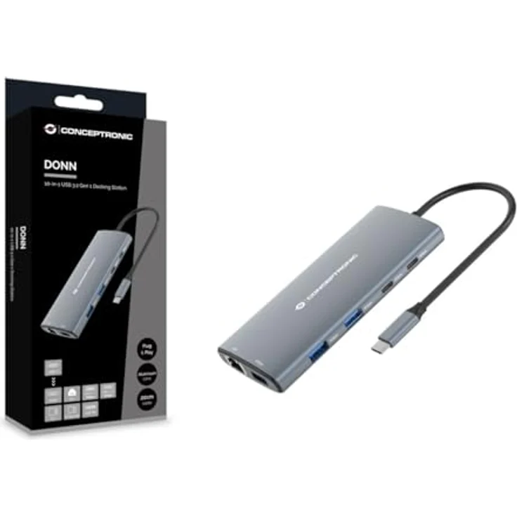 Conceptronic Dock USB-C->HDMI,2xUSB-C,100WPD, 20cm gr - 10-in-1 Multiport-Adapter mit 4K Auflösung, Gigabit Ethernet und SD/TF Slots – Bild 3