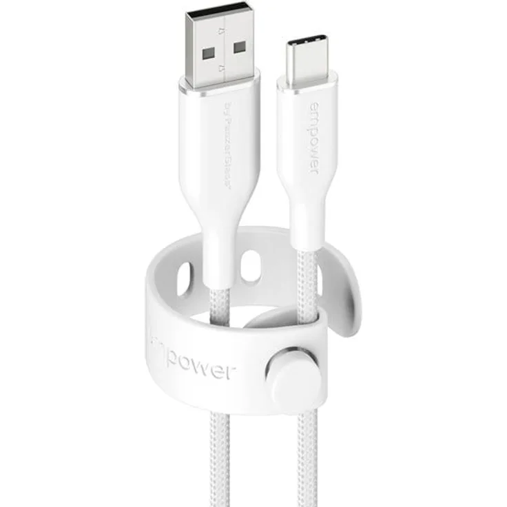 empower by PanzerGlass Racing 60W USB-A to USB-C Kabel | USB 2.0, 1.2M, silber-weiß, schnelles Laden, ultra-flexibel und verhedderungsfrei