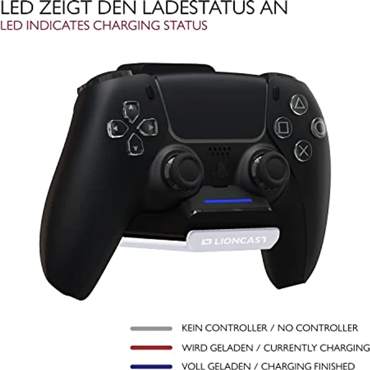 Lioncast PS5 Charger, Ladestation mit LED-Anzeige für Sony PlayStation 5 Controller, platzsparend, Wandbefestigung möglich, inklusive USB-C-Kabel – Bild 4