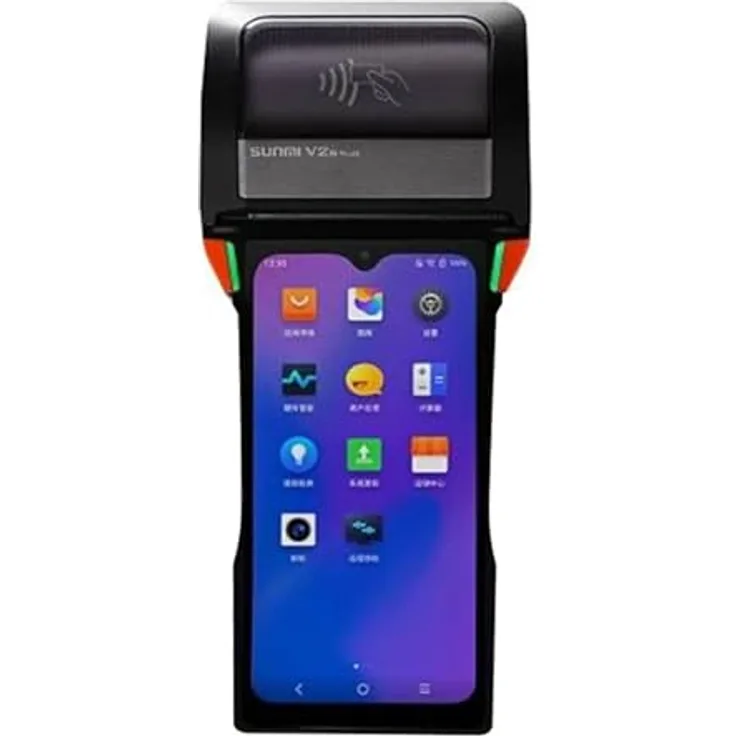 Sunmi V2s PLUS, Mobiles Terminal mit 80 mm Bondrucker, 6,2"-HD+-Display, 3 GB RAM, 32 GB ROM, Barcode-Scanner, NFC, orange-schwarz