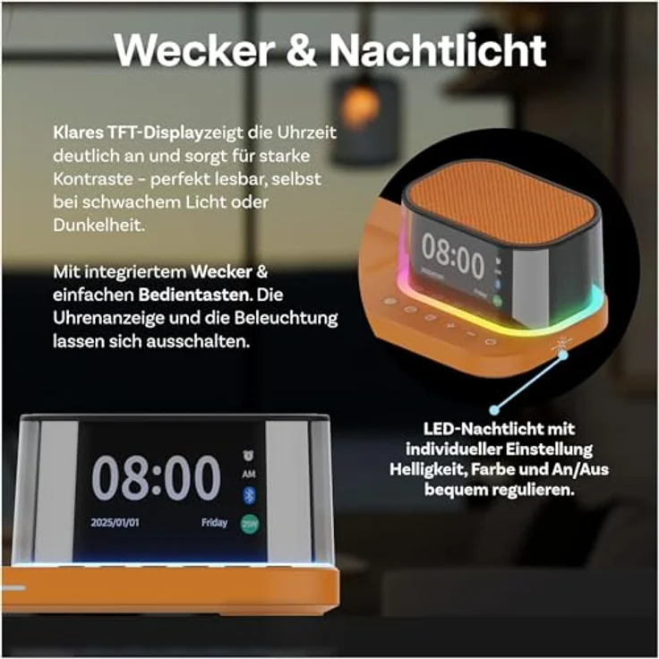 MMOBIEL Kabellose Ladestation 5-in-1 mit Wecker, Bluetooth-Lautsprecher & LED-Nachtlicht – 25W Qi2.2 Magnetisches Ladegerät für iPhone, Apple Watch & AirPods – Cosmic Orange – Bild 5