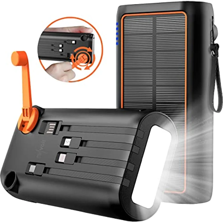 reVolt Solar Power Banks PB-200.k: Kurbel-Dynamo-Solar-Powerbank, 30.000 mAh, PD 20 W, Super Charge, LED (Kurbelakku, USB Kurbel Ladegerät, Handy Ladestation) – Bild 1