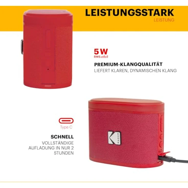 Kodak SOUNDBRIX Tragbarer Bluetooth-Lautsprecher, 5-W-Sound, magnetische Dockingstation, 3 Stunden Akkulaufzeit, Rot – Bild 5