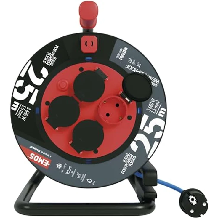 EMOS frostsichere Outdoor-Kabeltrommel 25m, 1,5 mm2 Silikon-Isolierung, 4 Schuko, IP44 wasserdicht, blau – Bild 2