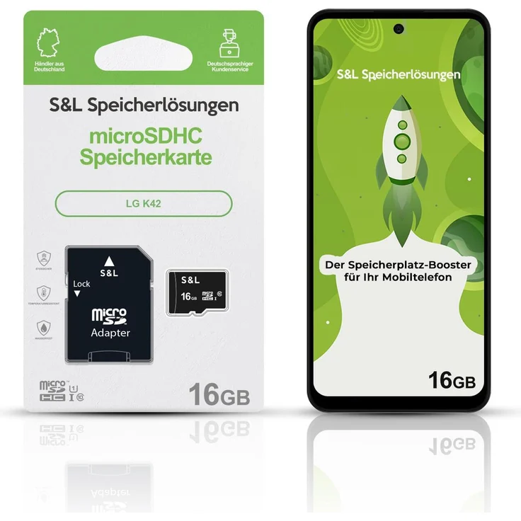 S&L microSD Speicherkarte für LG K42, 16 GB, Class 10 U1, stoßsicher und wasserdicht