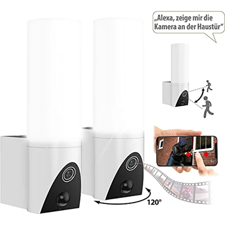 VisorTech Aussenlampe mit Kamera: 2er-Set LED-Außenwandleuchte & WLAN-Full-HD-Kamera, PIR, App, IP65 (Lampe mit Kamera WLAN, LED Lampe mit Kamera, Außenbeleuchtung Bewegungsmelder) – Bild 2