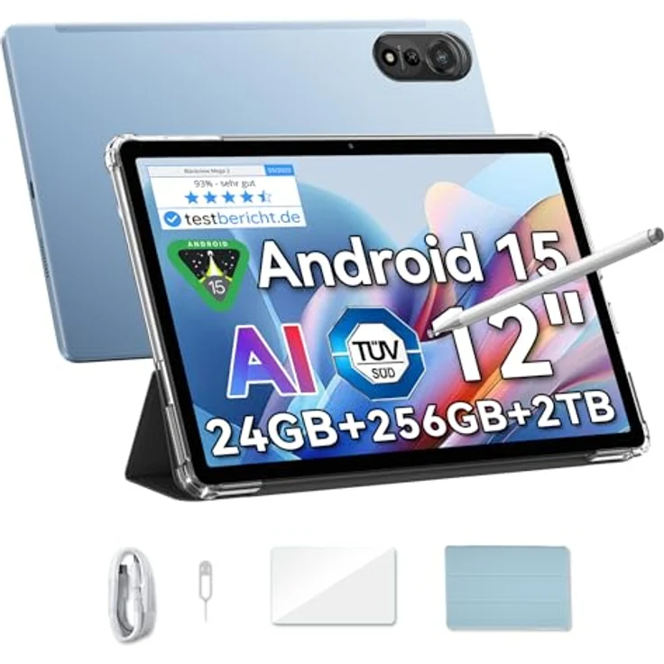 Blackview Mega2 Android 15 Tablet 12 Zoll, 24GB RAM+256GB ROM, 2K FHD Gaming Tablet, Dual 4G LTE+5G WiFi, Octa Core T615, 9000 mAh Akuu, WideVine L1, Face ID, GPS - Schwarz – Bild 1