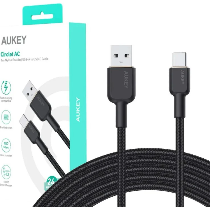 AUKEY CB-NAC1, USB A auf USB C Kabel, 1 m, 480 Mbit/s, Schwarz, Schnellladung, geflochtenes Nylon