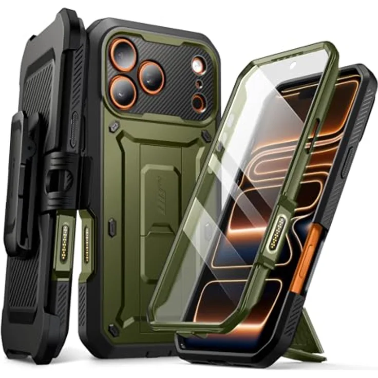 SUPCASE UBeetle Pro für iPhone 17 Pro Max Hülle 6.9” mit 360° Schutzhülle, Kamerasteuerungstaste, Displayschutz, Ständer und Gürtelclip, Outdoor Handyhülle, grün