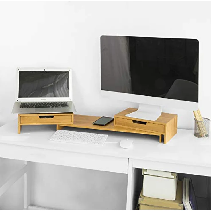BBF04-N Design Monitorerhöhung für 2 Monitore Monitorständer Schreibtischaufsatz mit 2 Schubladen breitenverstellbar - Sobuy – Bild 3