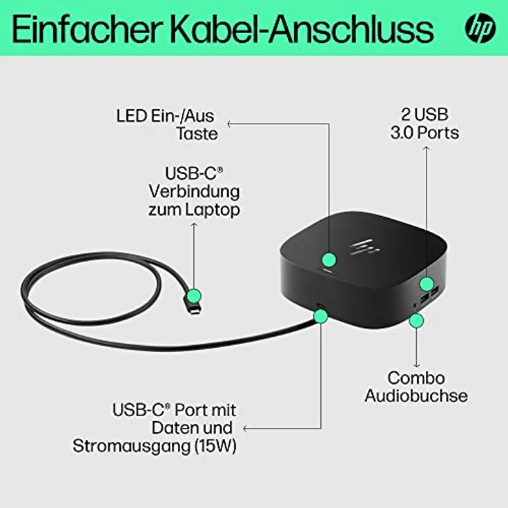 HP USB-C G5 Essential Dockingstation | USB-C Hub | USB Hub | Thunderbolt | USB-C | USB 3.0 | 2x 1.4 DisplayPorts | HDMI 2.0 | Audio | RJ-45 | Schwarz – Bild 2