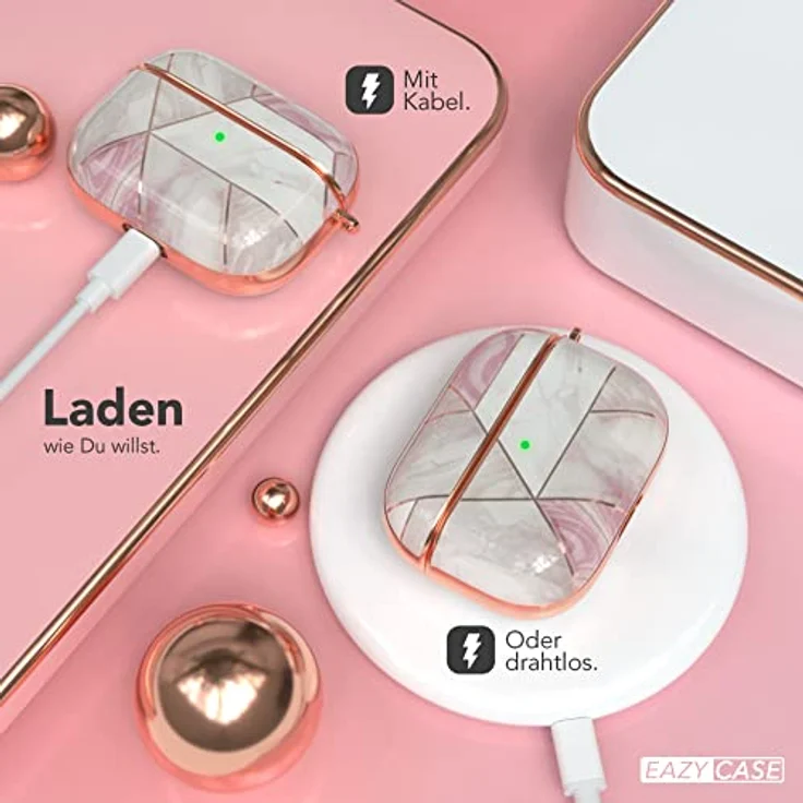 EAZY CASE AirPods Pro Hülle Pink Hard Case Stoßfest mit Karabiner Rosé Marmor Design, rutschfest und antikratz - für Airpod Pro 1. Generation – Bild 5