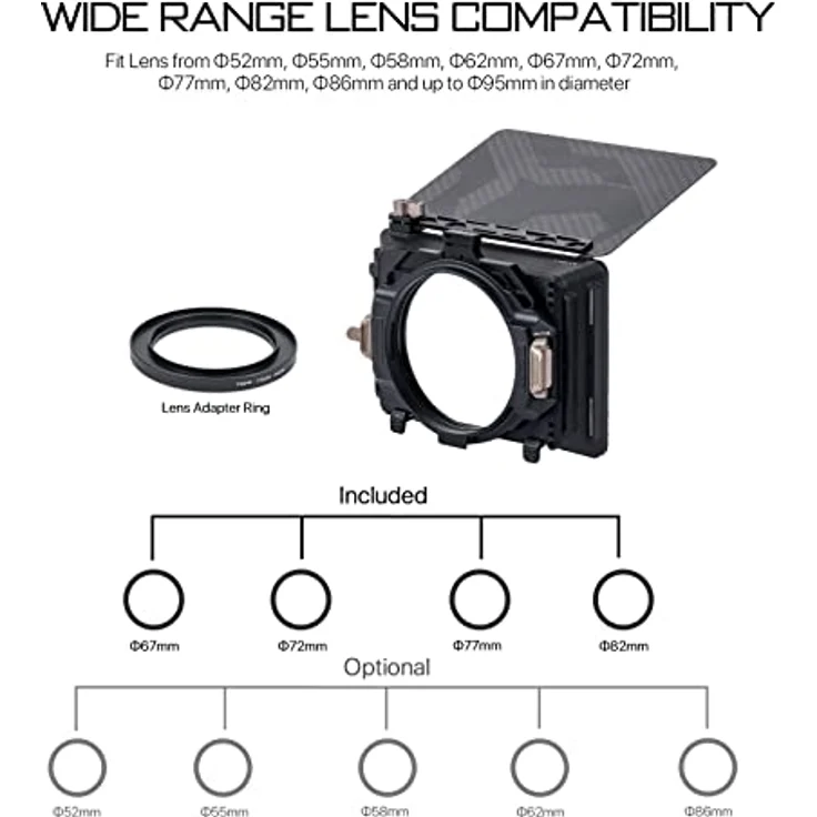 TILTAING Tilta Mattbox Mirage Matte Box für DSLR und Spiegellose Kameras, mit 95mm Filterrahmen und 4 Objektivadapterringen (67mm/72mm/77mm/82mm) MB-T16 – Bild 4