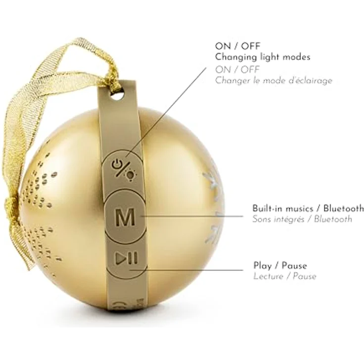Bigben EPOK Leuchtende Weihnachtskugel, Bluetooth portabler Lautsprecher mit Lichteffekten, gold, 10 W Musikleistung – Bild 5