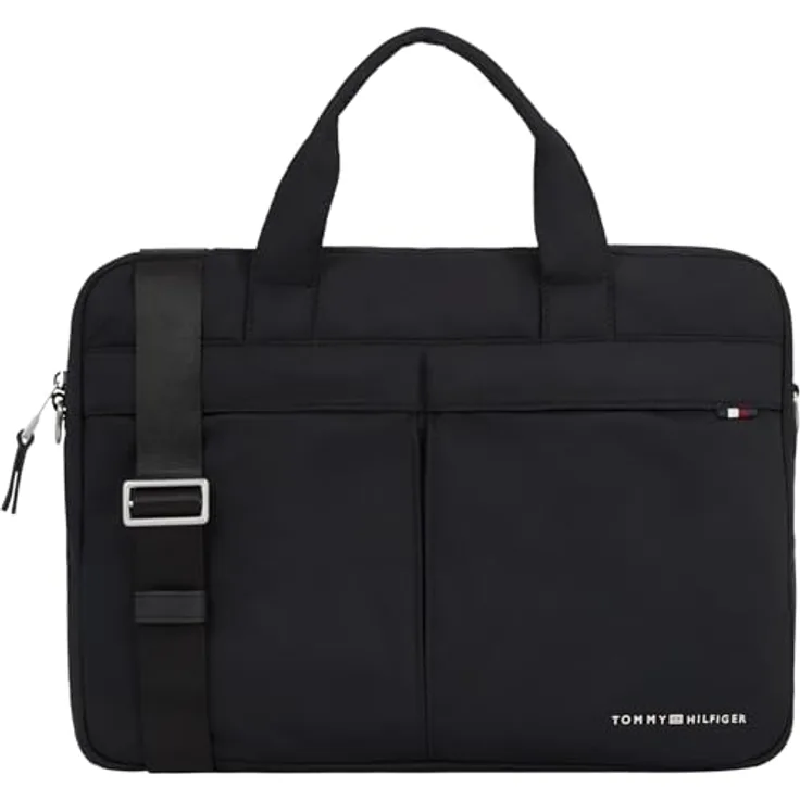 Tommy Hilfiger Aktentasche TH Signature Computer SP24, Laptoptasche aus recyceltem Polyester, schwarz, gepolstert und organisatorische Fächer