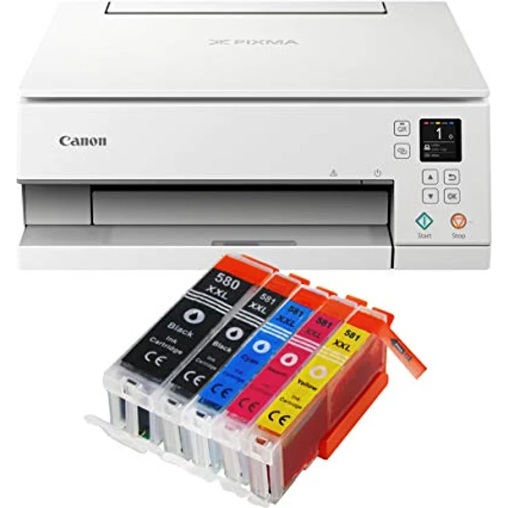 IC-Office TS6351a Farbtintenstrahl-Multifunktionsgerät All-in-One 3-in-1 (Drucker, Scanner, Kopierer, USB, WLAN, Apple AirPrint) Weiß + 5 XXL Tintenpatronen – Bild 1