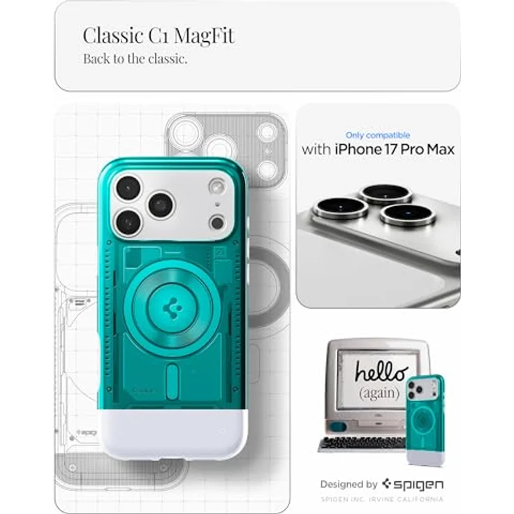 Spigen iPhone 17 Pro Max Hülle Classic C1 MagFit Case, Retro-Futuristisches Design, 6-Lagen Schutz, kompatibel mit MagSafe Zubehör - Bondi Blue – Bild 2