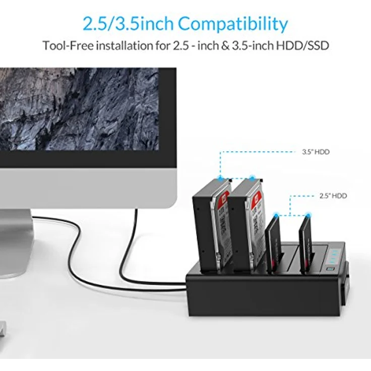 ORICO 6648US3-C, USB 3.0 zu SATA Offline Klon Festplatten Dockingstation, 4-Steckplatz für 2,5 und 3,5 Zoll SATA HDD/SSD bis zu 4x 16TB, mit 12V 6.5A Netzteil – Bild 2