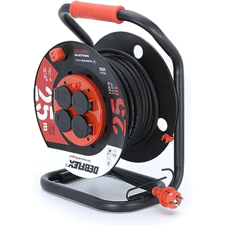 DEBFLEX - Kabeltrommel HO7RR-F 3G1,5 - Festzentrale - 4 Steckdosen wasserdicht - IP44-25M - Kunststoff - schwarz und rot