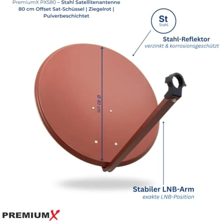 PremiumX PXS80 Satellitenschüssel 80cm, Stahl Ziegelrot, HDTV & 4K tauglich, verzinkter Korrosionsschutz – Bild 2