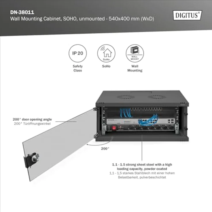 DIGITUS Netzwerkschrank - 19-Zoll Rack 4 HE - Unmontiert - Wandmontage - 400 mm Tiefe - Traglast 60 kg - Glastür - Schwarz – Bild 4