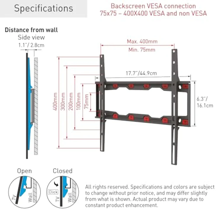Barkan Mounting Systems ND300, Feste Wandhalterung für 19 bis 65 Zoll Bildschirme, VESA 75x75 bis 400x400 mm, Max. 37 kg, Schwarz – Bild 9