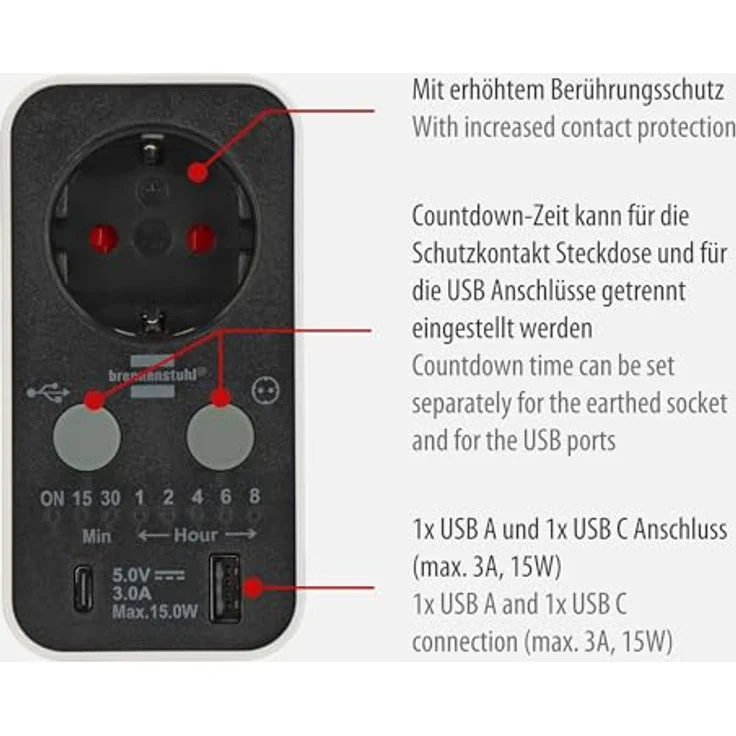 Brennenstuhl Digitaler Countdown Timer mit USB A und USB C, Steckdosenleiste mit Countdown-Funktion und USB Anschlüssen – Bild 2