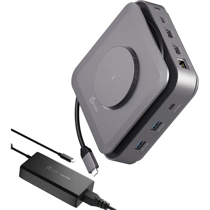 j5create JCD3199P Laptop-Dockingstation, USB-C/Thunderbolt 3 & 4, 2x HDMI, 1GbE, 140W GaN PD3.1 Netzteil, Großbritannien