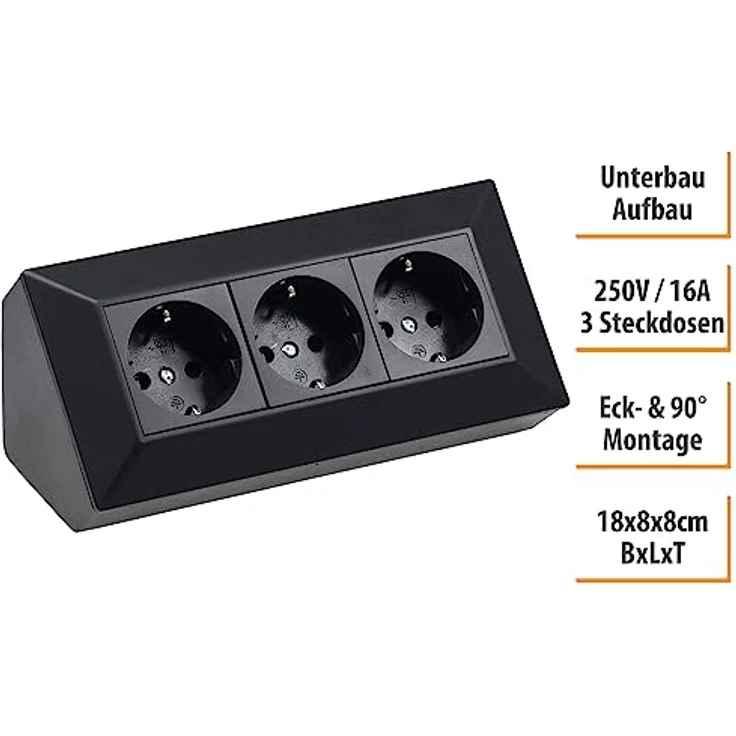 ChiliTec Steckdosenblock Ecksteckdose 3-Fach Schwarz 230V für Aufbau- & Unterbaumontage, erhöhter Berührungsschutz – Bild 4