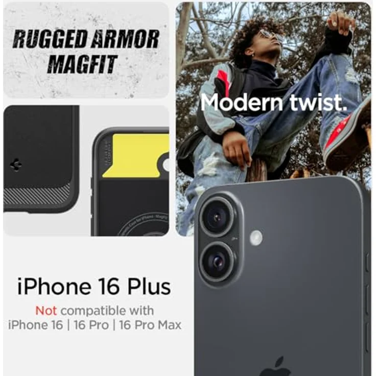 Spigen Rugged Armor MagFit Hülle für iPhone 16 Plus, Kompatibel mit MagSafe Zubehör - Schwarz, mit integriertem Magnet und XRD-Pad – Bild 2