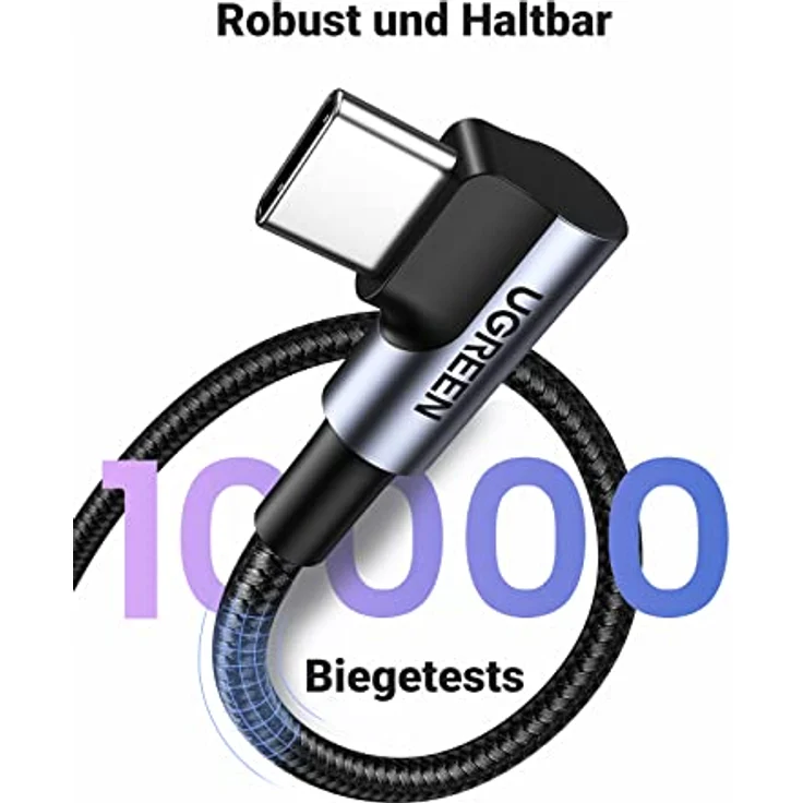 UGREEN USB C Ladekabel Winkel Nylon USB auf USB C Kabel 1M, 90 Grad Winkelstecker, 480 Mbps, Galaxy S24/S24+/S23, Redmi 10, iPhone 15 Pro Max - Schwarz – Bild 5
