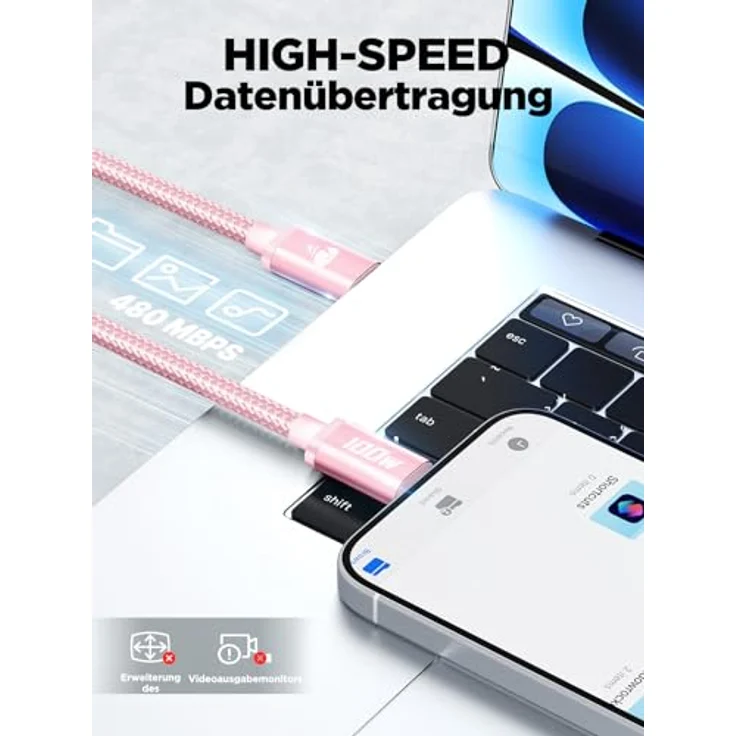 Aioneus USB C Kabel 100W, 2 Stück 2M Schnellladekabel USB C auf USB C mit 5A PD 4.0, kompatibel mit iPhone 16 Pro Max, Samsung S24, iPad Pro, Rosa – Bild 4