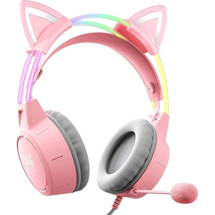 Onikuma X15 Pro, Gaming Headset mit Katzenohren, kabelgebunden, 50-mm-Lautsprecher, pink, geräuschunterdrückendes Mikrofon