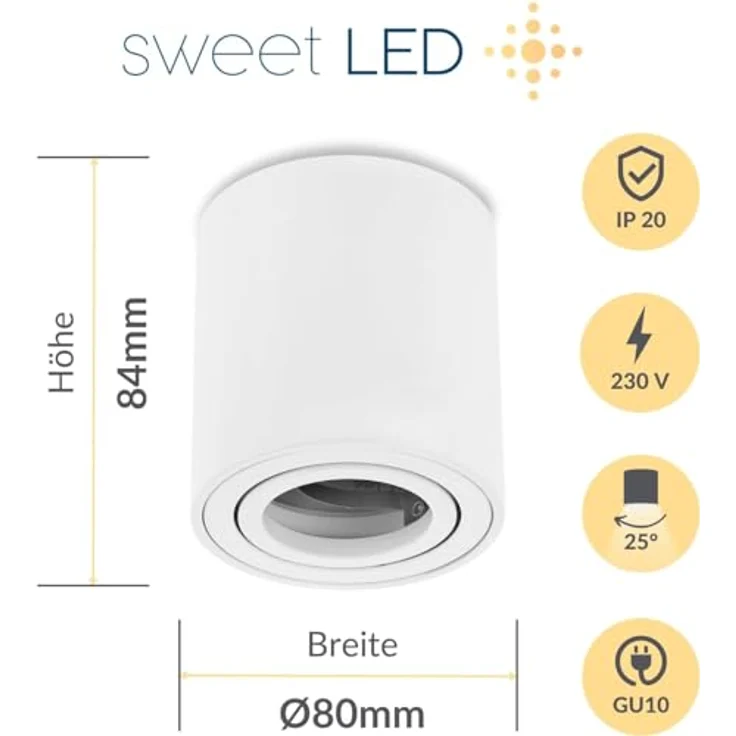 Sweet Led Aufbaurahmen Weiß GU10 Aufbauspots Rund Deckenspots aus Aluminium Deckenleuchte Aufputz schwenkbar Spots 230V Deckenlampe schwenkbar Aufbauleuchte – Bild 3