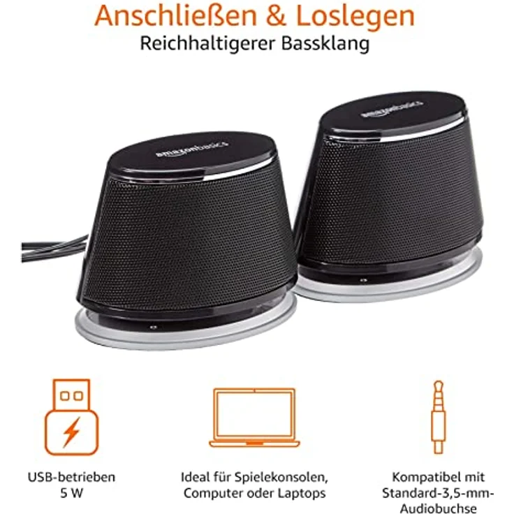 Amazon Basics - PC-Lautsprecher mit dynamischem Sound, USB-Betrieb, Schwarz, 2 Stück, 1 Paire – Bild 2
