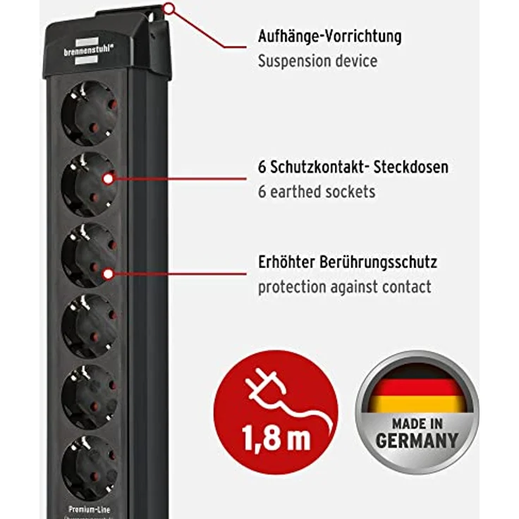 Brennenstuhl Premium-Line Steckdosenleiste 6-Fach mit Überspannungsschutz bis zu 26.000A (Mehrfachsteckdose mit 1,8m Kabel und mit Schalter, Steckdosenleiste Wandmontage, Made in Germany) schwarz – Bild 2