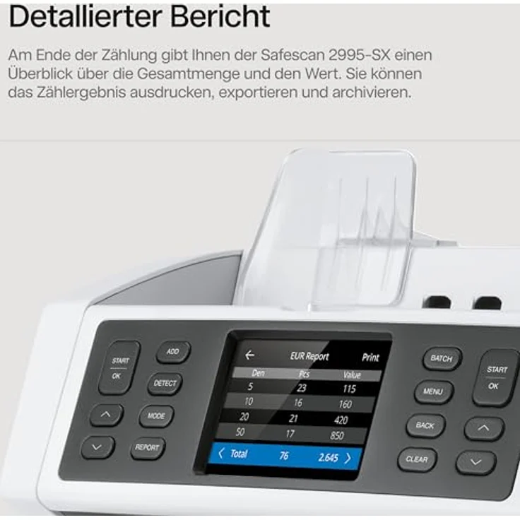 Safescan 2995-SX Geldzählmaschine, mit 7-facher Echtheitsprüfung, gemischte Währungs- und Fitness-Sortierung – Bild 5