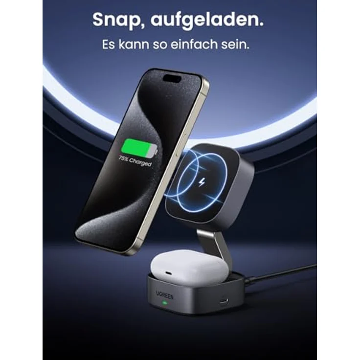 UGREEN MagFlow 2 in 1 iPhone Ladestation mit MagSafe faltbarem Wireless Charger für iPhone 16/16 Pro/16 Pro Max/15/14/13/12, AirPods, Winkel-Einstellbarem Ladeständer, 1M Kabel, in Schwarz – Bild 3