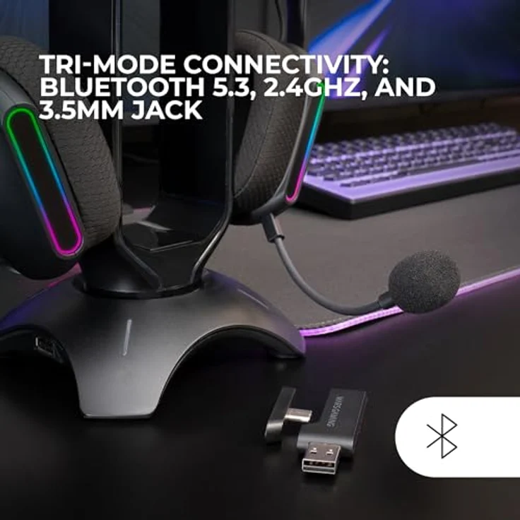 Mars Gaming MHW-PRO, Kabelloses Gaming-Headset mit 3D Surround Sound 7.1, Bluetooth 5.3, ARGB Flow Beleuchtung, Ultraleichtes Design, Duales Mikrofon, Schwarz – Bild 3