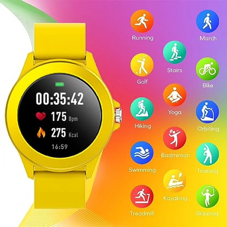 FOREVER Colorum CW-300 Gelb Smartwatch Wasserdicht IP68 - Pulsuhr mit Schrittzähler Schlaftracker Kalorienzähler - Lange Akkulaufzeit - Android/iOS Sportuhr Damen Herren Unisex Stilvolles Design – Bild 5
