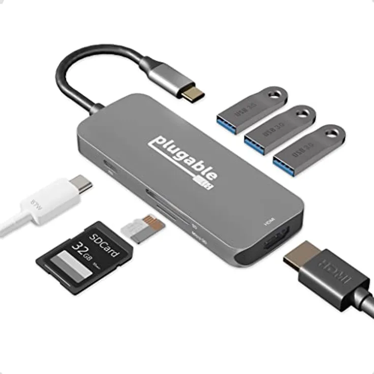 Plugable USB C Hub Multiport-Adapter, 7-in-1-Hub, kompatibel mit MacBook Pro, Windows, Chromebook, Dell XPS, Thunderbolt 3 und mehr - 4K HDMI, 3 USB 3.0, SD- Micro SD-Kartenleser, 87 W-Ladestation