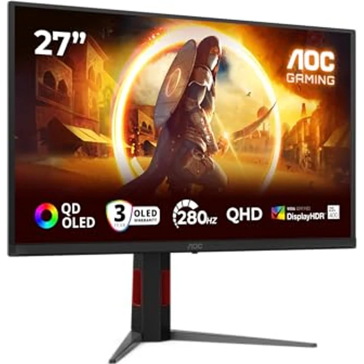 AOC Q27G4ZD 27 Zoll WQHD Monitor mit QD-OLED Panel, 280Hz, 0.03ms GtG, HDR400 TrueBlack, G-Sync Compatible, Höhenverstellung, Schwarz – Bild 1