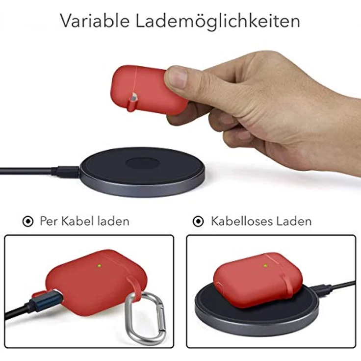 AVANA Schutzhülle Kompatibel mit Apple AirPods 1 & 2 Hülle (Front-LED Sichtbar) Silikon Cover [Unterstützt kabelloses Laden] Slim Fit Case mit Karabiner - Rot – Bild 4