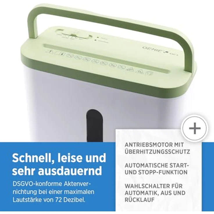 GENIE 440 X Aktenvernichter | Partikelschnitt 4x38 mm | Sicherheitsstufe P-4 | Leise 72 dB | Kompakt & Mobiler Shredder | Überhitzungsschutz | Weiß grün – Bild 5