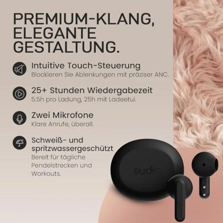 sudio A3 True Wireless Kopfhörer, Over Ear, Bluetooth 5.4, Multipoint Verbindung, 25h Spielzeit, Schweiß- & Spritzwassergeschützt, Touch, USB-C Ladecase, Schwarz – Bild 3