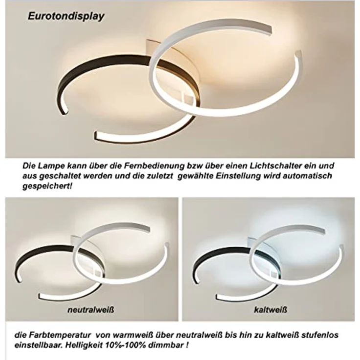 Eurotondisplay LED Deckenleuchte Deckenlampe SX87 mit Fernbedienung dimmbar weiß schwarz lackiert, 55x32cm – Bild 4