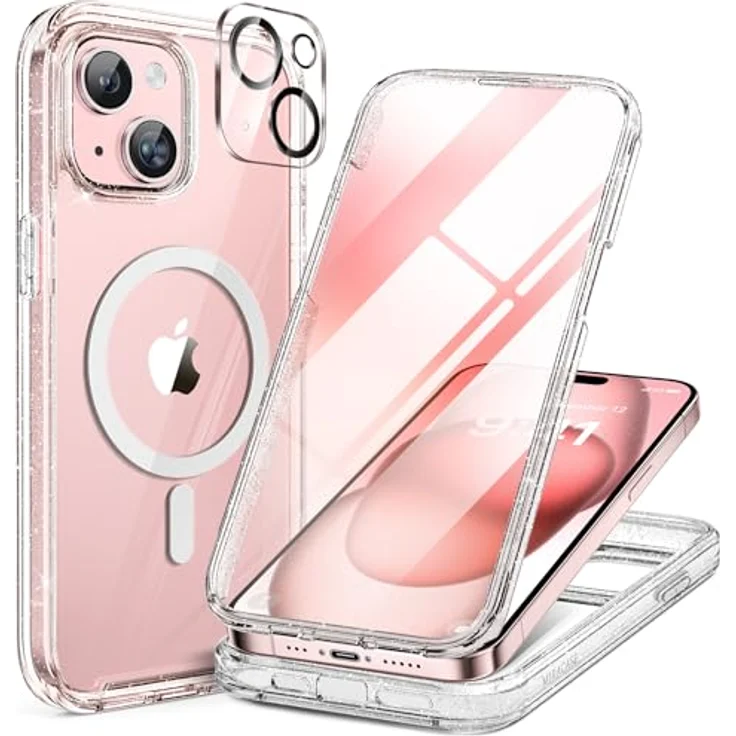 Miracase Schutzhülle für iPhone 15, MagSafe-kompatible, 360°-Hülle mit 9H gehärtetem Glas, Anti-Fingerabdruck-Schutz und Kameraobjektivschutz, klarer Glitzer – Bild 1