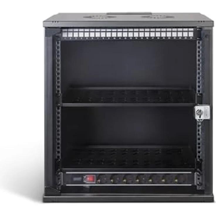 DIGITUS 19 Zoll Netzwerk-Set, 12HE Netzwerkschrank mit 2 Fachböden, 24-Port Patch Panel, 24 Keystone Module, 30 Patchkabel, Steckdosenleiste, unmontiert, SOHO PRO-Serie, Schwarz – Bild 3
